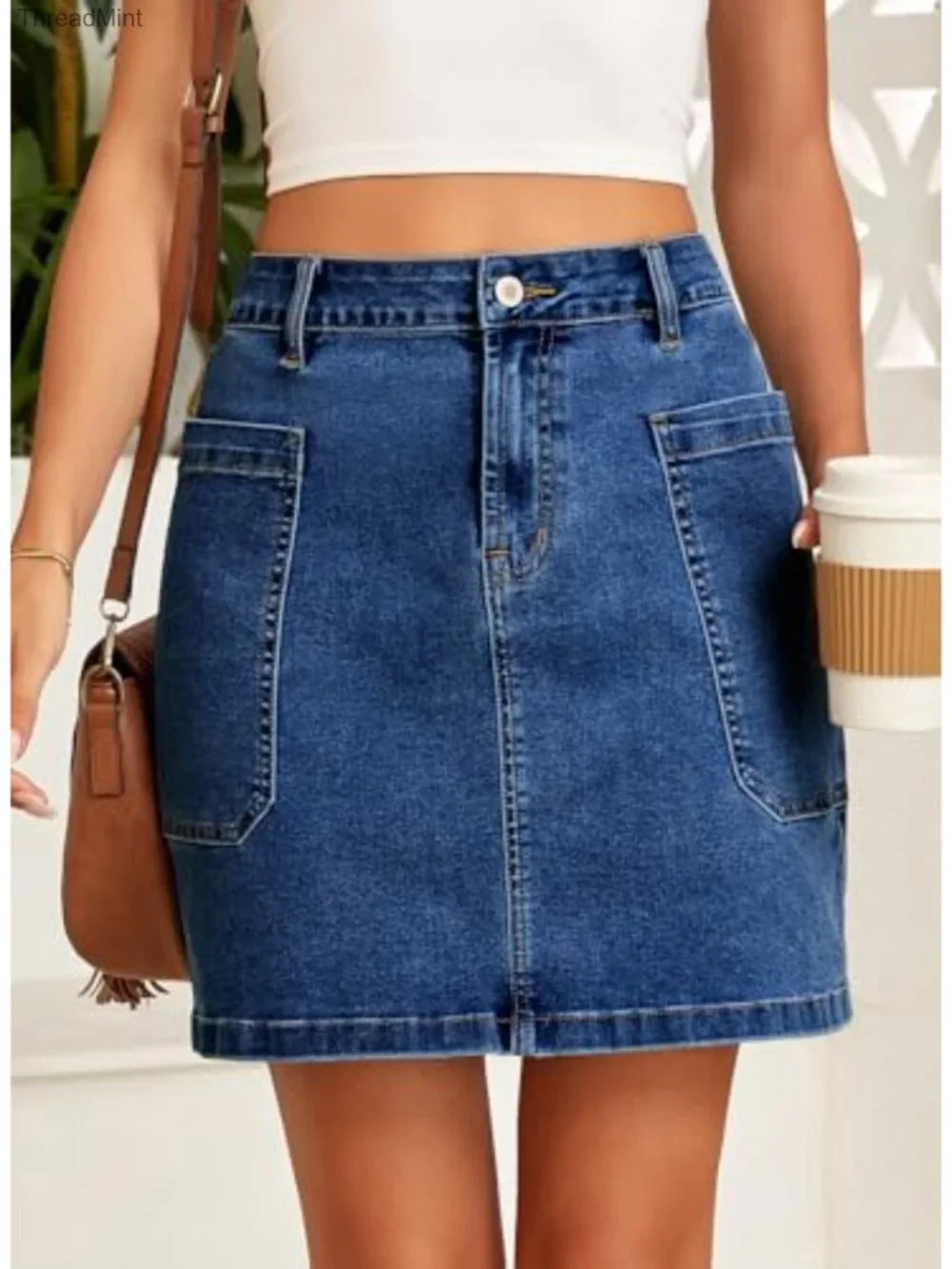 Women's High Rise Cargo Pocket Stretchy Denim Skirt, Above Knee Casual Mini